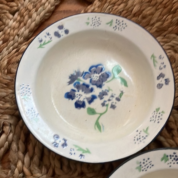April Cornell Distress Floral White Enamel Basin Bowl w/Blue Rim set of 2 - Picture 2 of 7